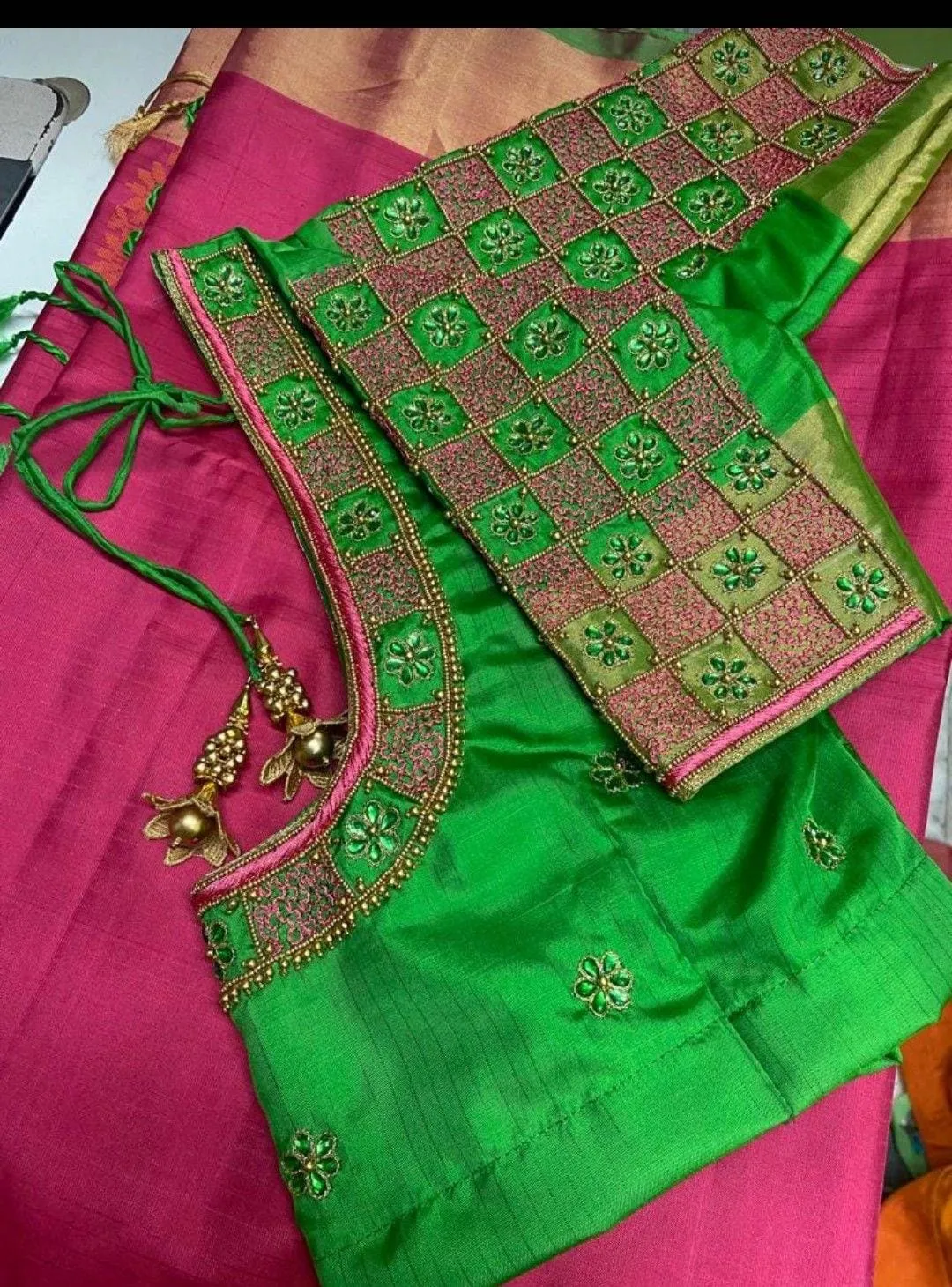 Latest Parrot Green Designer Blouse  Exclusive Checks Thread Maggam Work