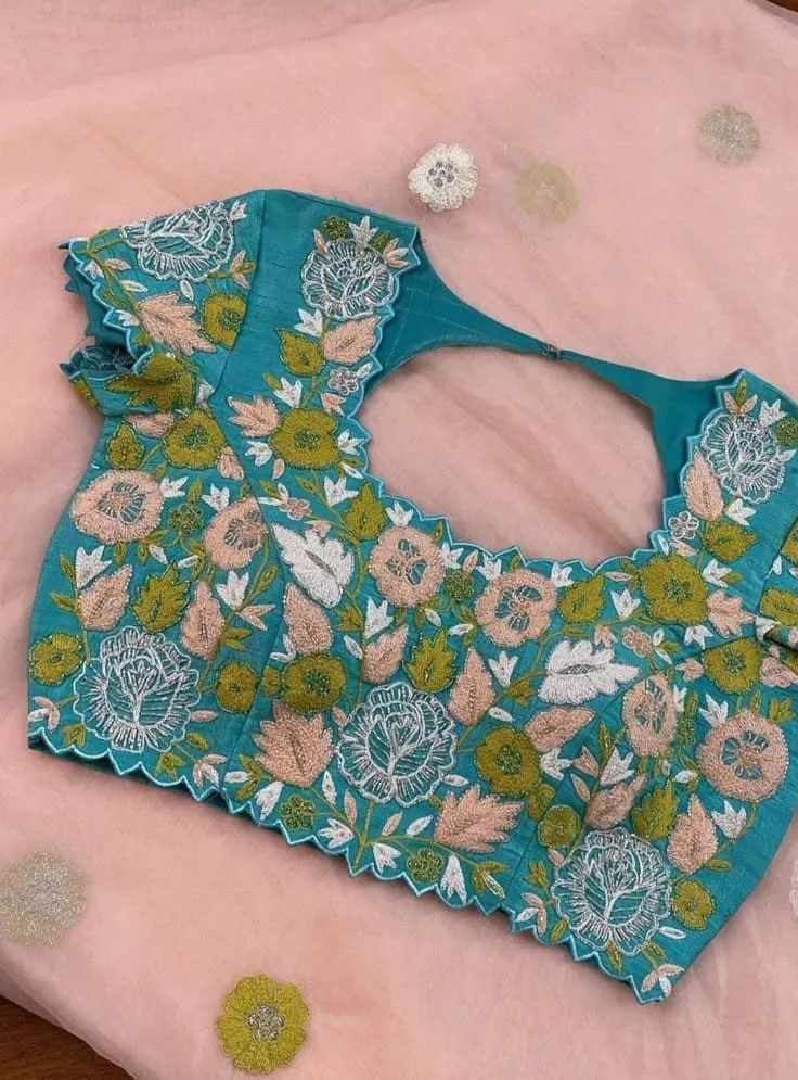 Latest Sky Blue Bridal Blouse DesignHandcrafted Maggam Cutwork Beauty Festive Offer - Image 2