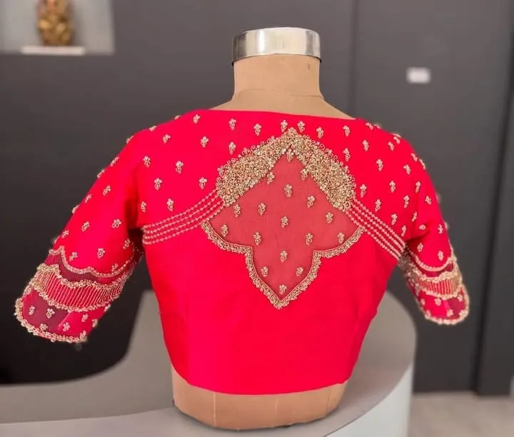 Latest Tomato Red Designer Maggam Work Blouse  HighNeck Trend at an Affordable Price