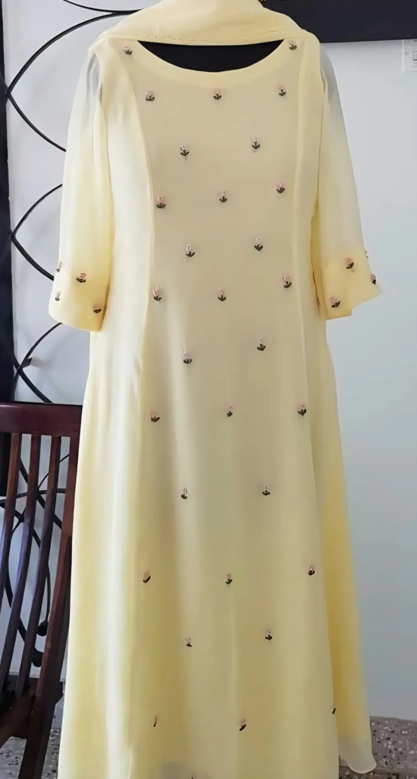 Lime Yellow Maggam Work Long Dress Set  Premium 3Piece Customizable Designer Wear