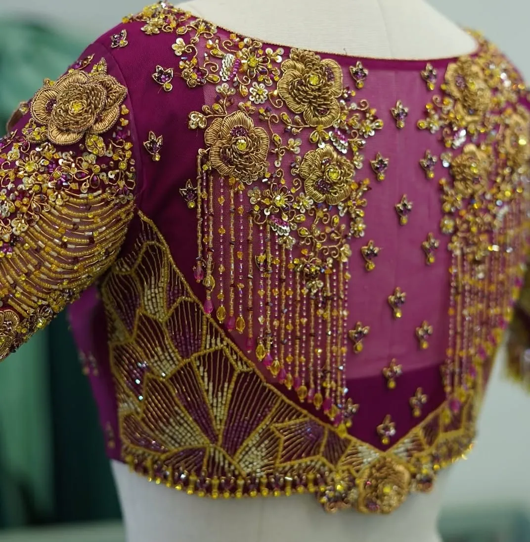Magenta Pink Transparent Boat Neck Bridal Blouse  Custom-Fit Maggam Handwork Masterpiece