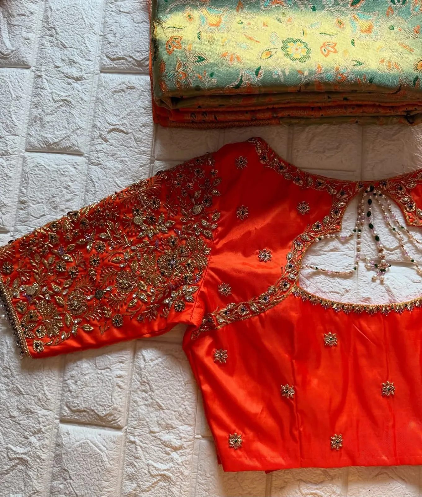 Orange Heavy Work Maggam Blouse Latest Designer Pattern Budget Steal Price