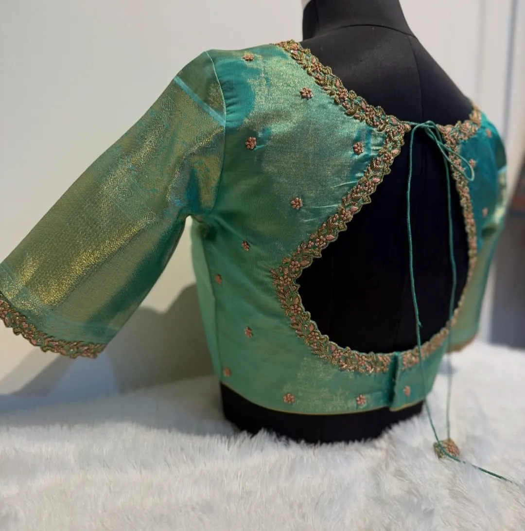 Parrot Green Tissue Maggam Work Blouse  Latest High Neck Design