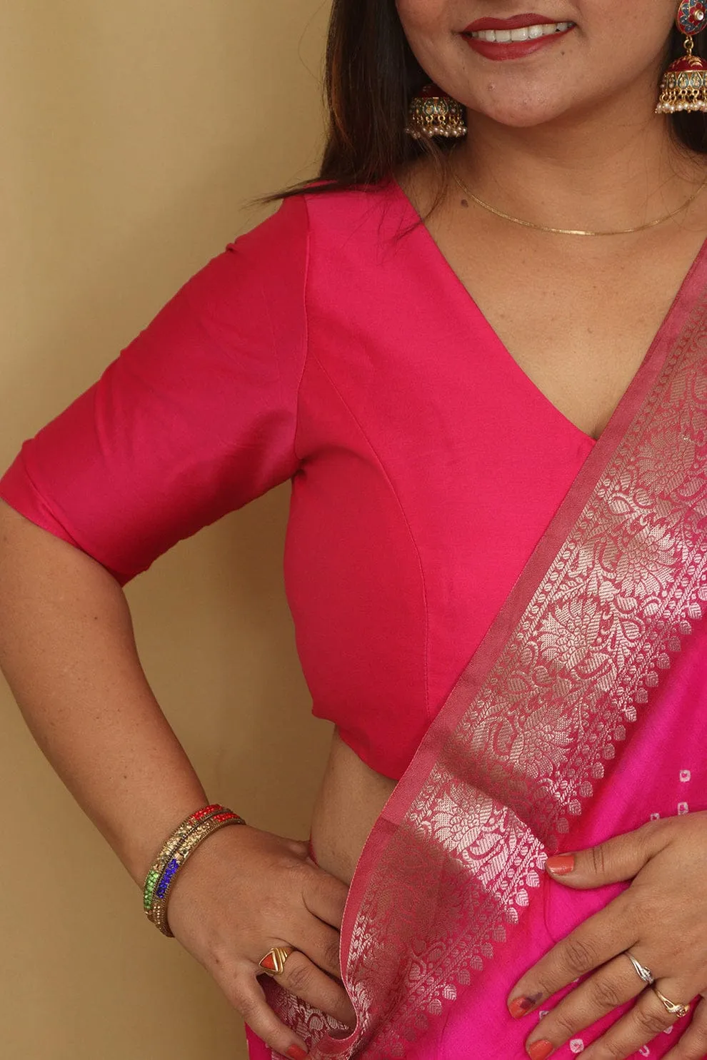 Pink Premium VNeck Designer Blouse  Elegant BudgetFriendly, Custom Fit for Every Size