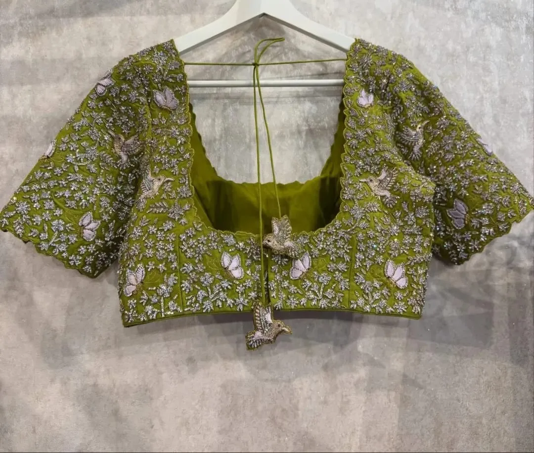 Pista Green Silver Stone Bridal Blouse  Grand All-Over Maggam Work  Best Budget Buy Online