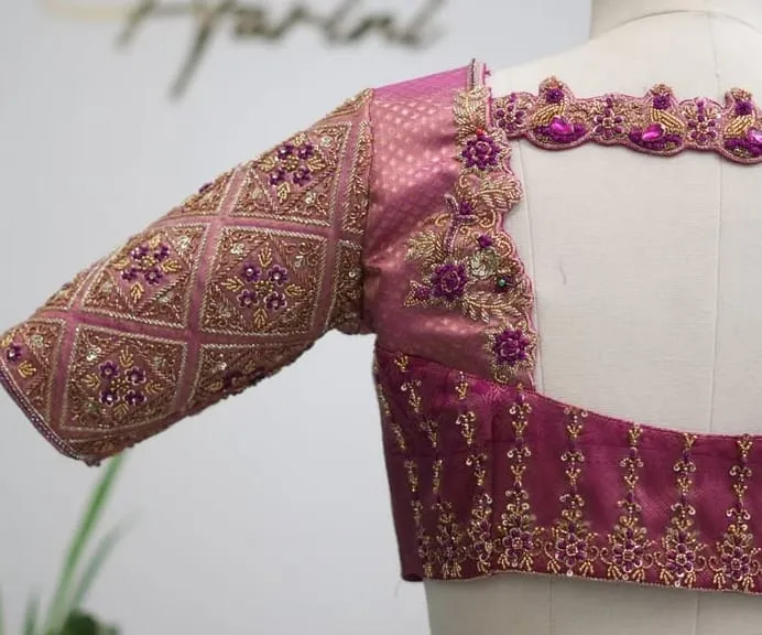 Premium Baby Pink Raw Silk Bridal Maggam Work Blouse Gold & Silver All-Over Design Budget Luxury Pick - Image 2