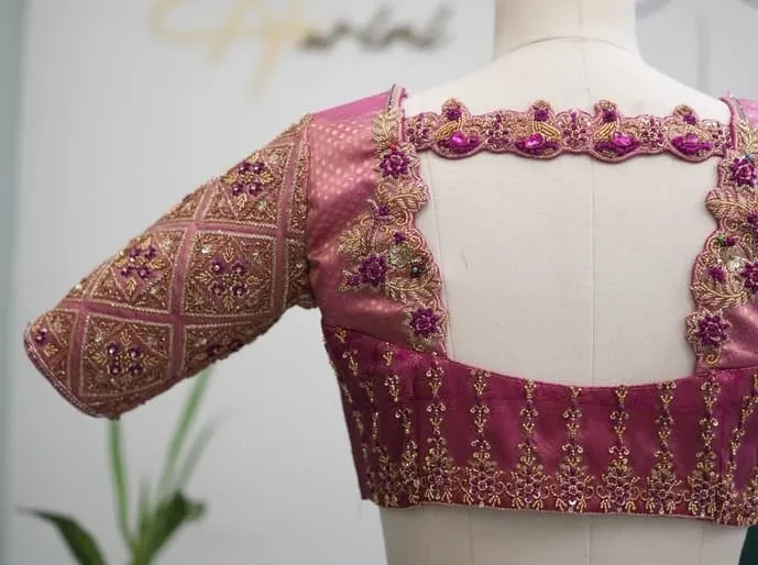 Premium Baby Pink Raw Silk Bridal Maggam Work Blouse Gold & Silver All-Over Design Budget Luxury Pick - Image 3