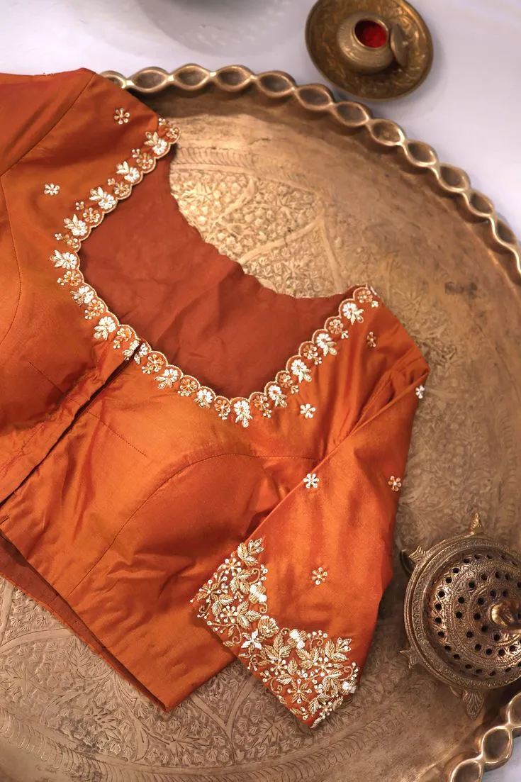 Premium Brick Red Zardosi Maggam Work Party Blouse Timeless Designer Appeal - Image 2