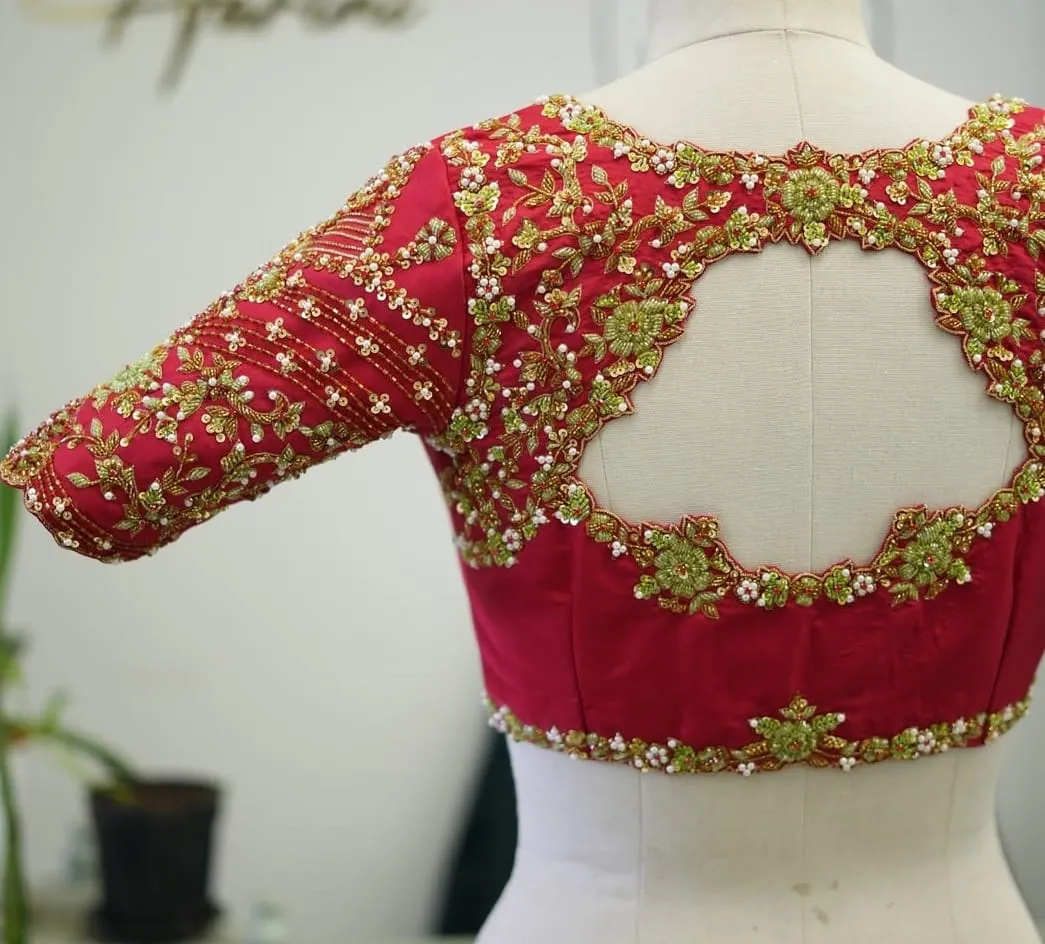 Premium Bridal Red Zardosi Maggam Work Blouse  Custom Tailored for Grand Weddings