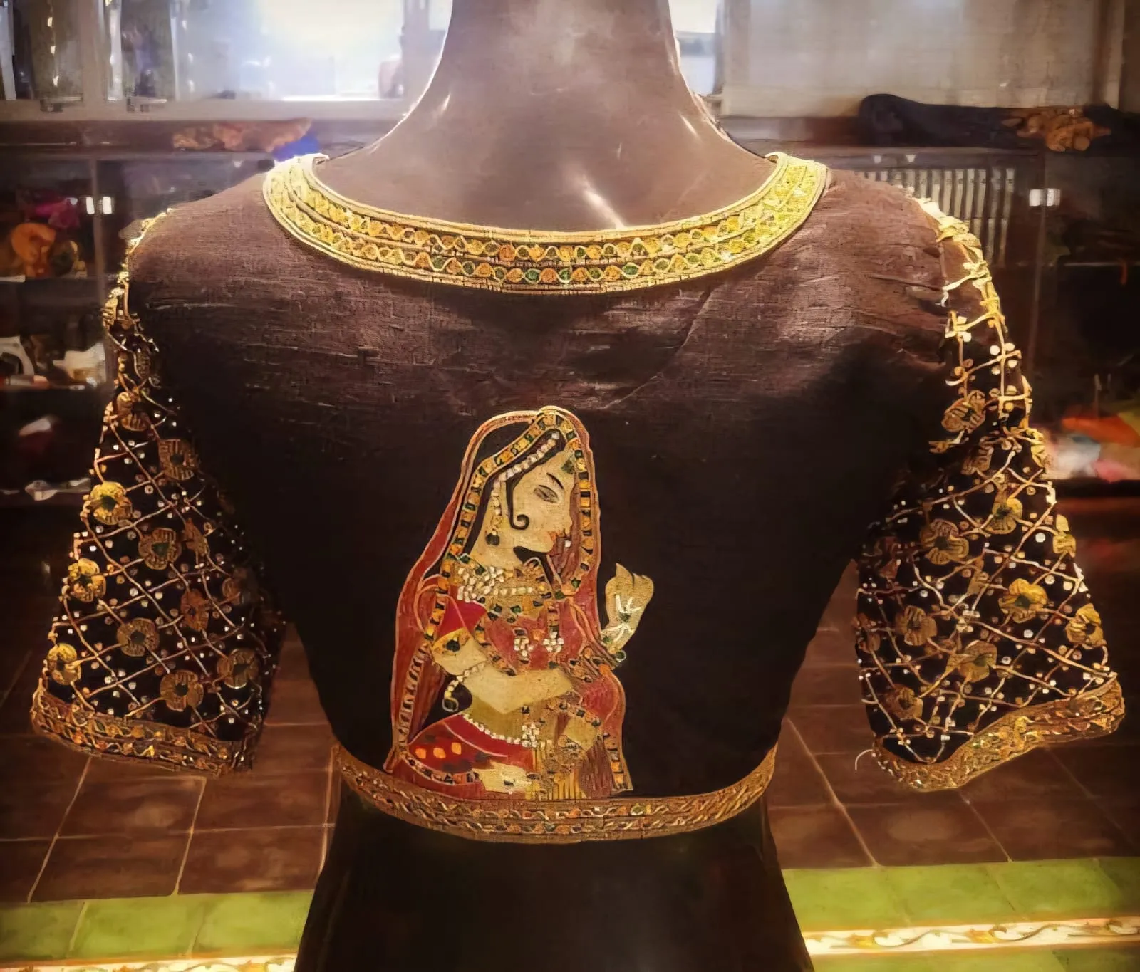 Premium Coffee Brown Checks Wedding Maggam Work Blouse  Ready-to-Wear Designer Perfection