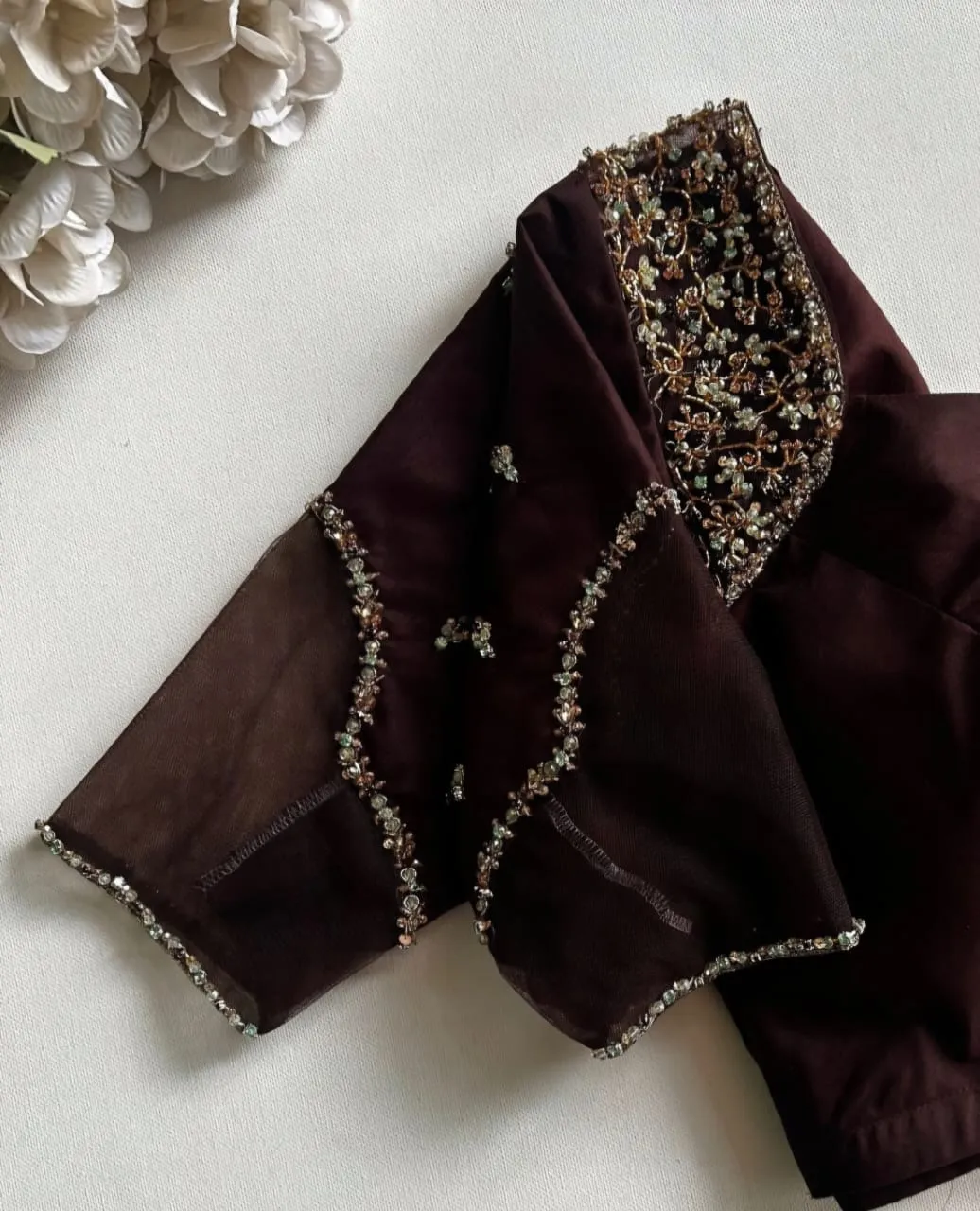 Premium Coffee Brown Zardosi Net Maggam Work Blouse  Elegant Designer Piece at Budget Price