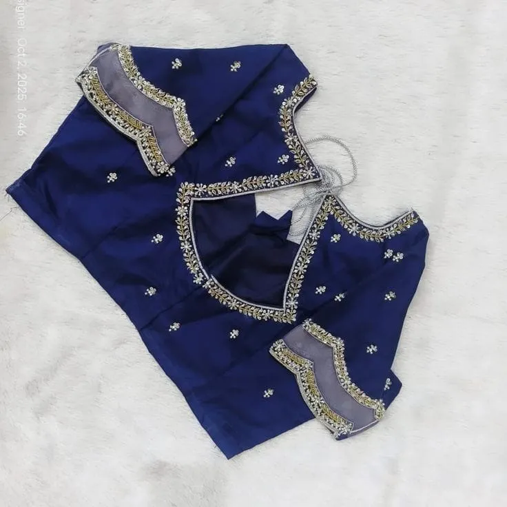 Premium Navy Blue Net Fabric Maggam Work Blouse  Custom Sizes Available