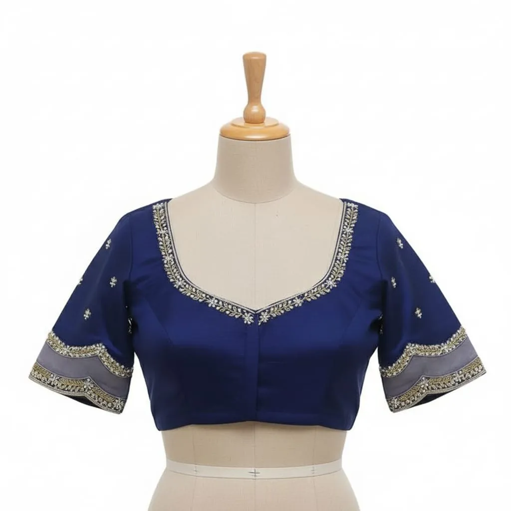 Premium Navy Blue Net Fabric Maggam Work Blouse Custom Sizes Available - Image 2