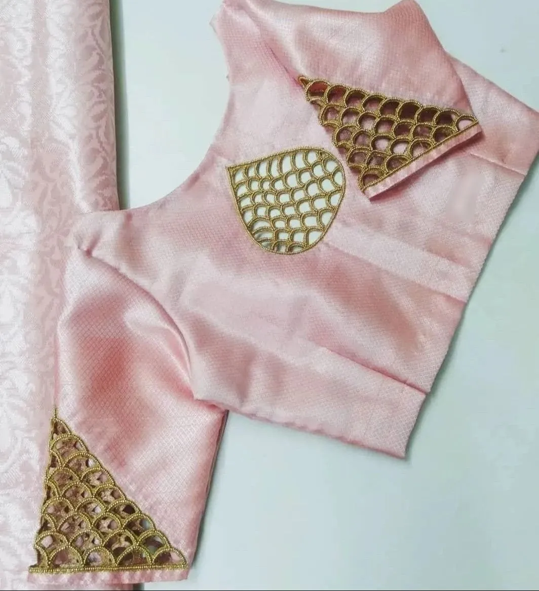 Premium PeachGolden Checks Cutwork Maggam Work Blouse  Trending Designer Edition