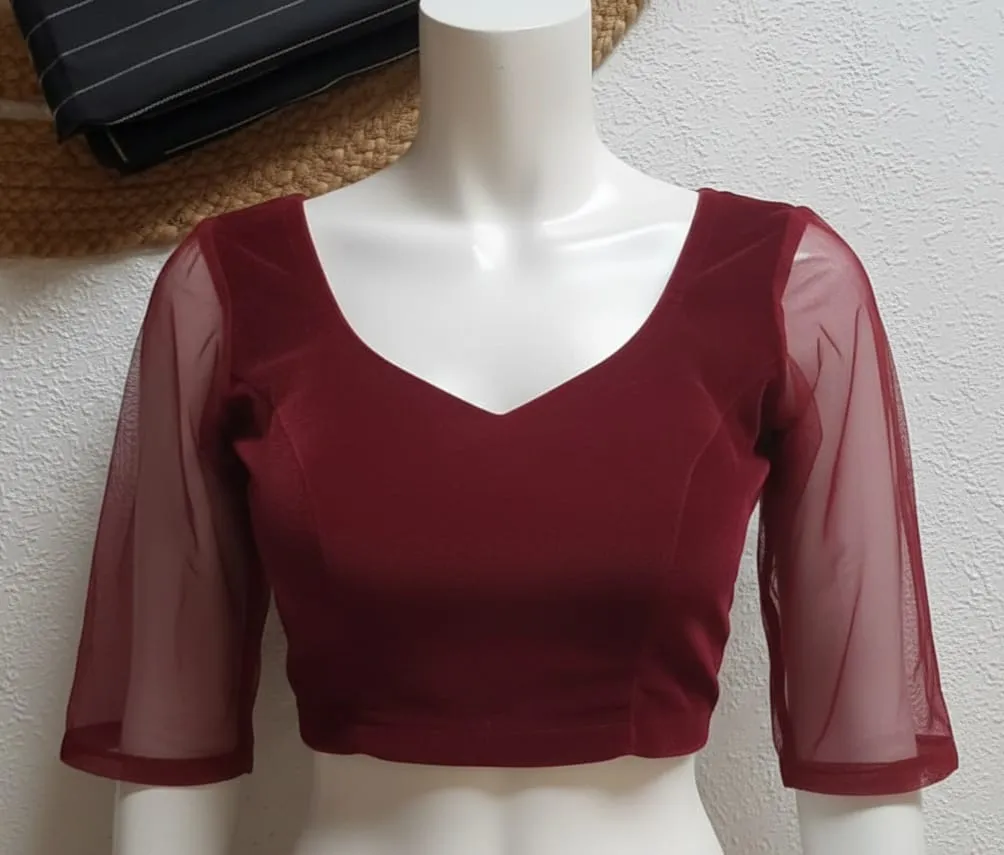 Premium Velvet Maroon Prince Cut Blouse with Net Sleeves  Ready to Wear & Budget Friendly
