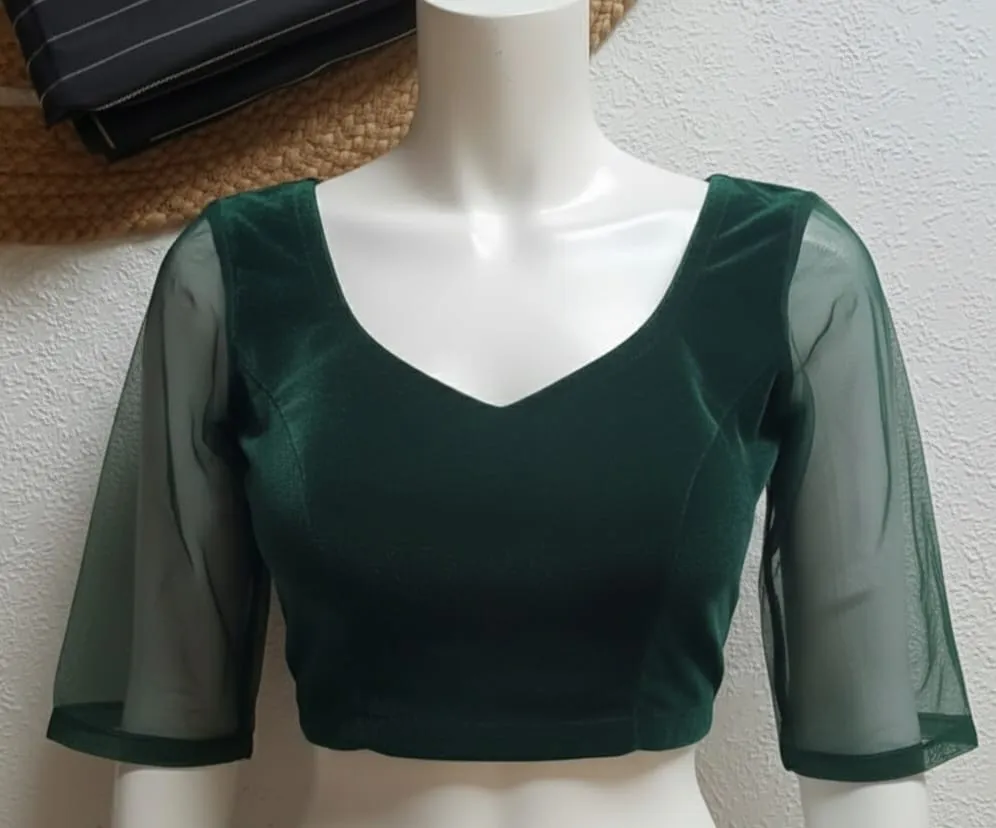 Premium Velvet Maroon Prince Cut Blouse with Net Sleeves Ready to Wear & Budget Friendly - Image 2