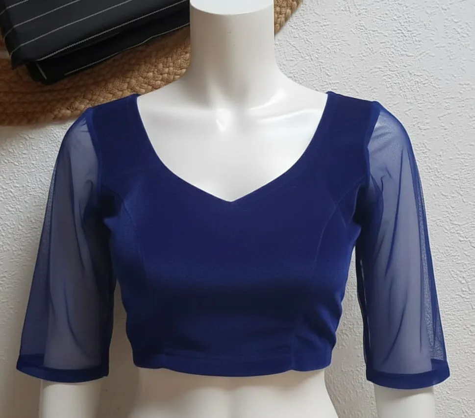 Premium Velvet Maroon Prince Cut Blouse with Net Sleeves Ready to Wear & Budget Friendly - Image 3