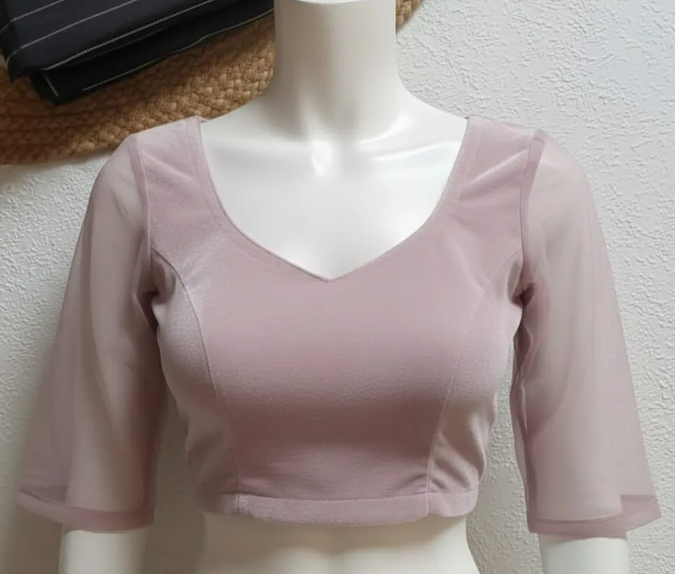 Premium Velvet Maroon Prince Cut Blouse with Net Sleeves Ready to Wear & Budget Friendly - Image 4