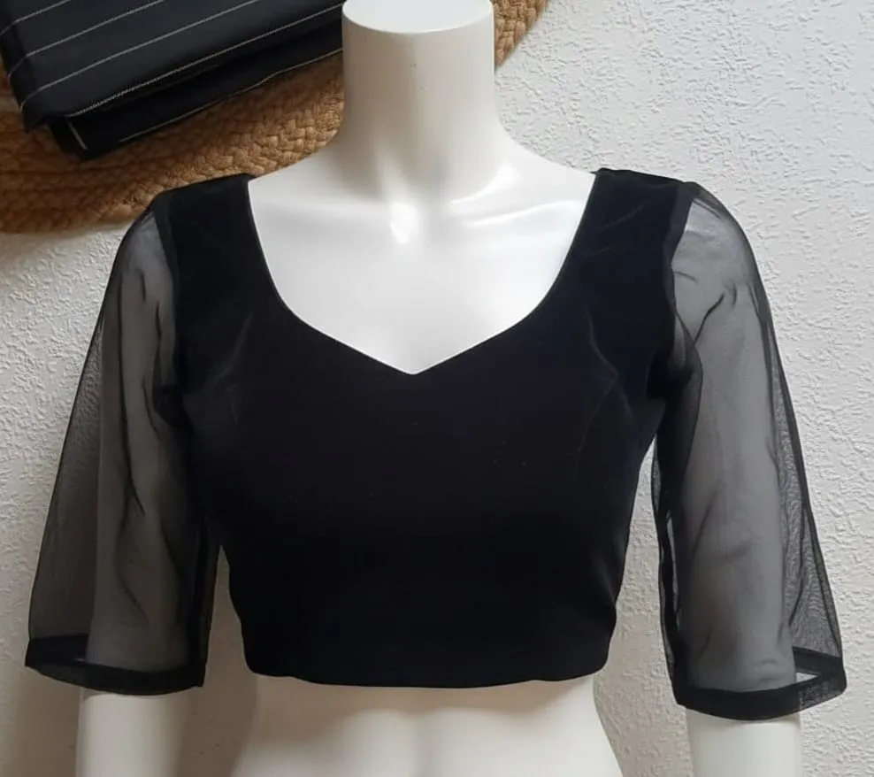 Premium Velvet Maroon Prince Cut Blouse with Net Sleeves Ready to Wear & Budget Friendly - Image 5