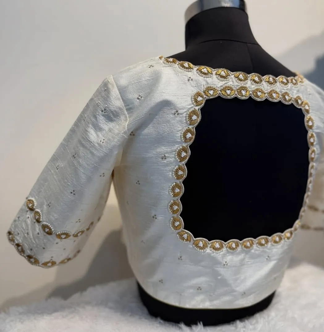 Premium White Zardosi Maggam Work Bridal Blouse  Raw Silk Wedding Wear  Affordable Luxury Design