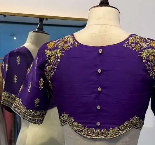 Purple High Neck Ethnic Maggam Work Blouse  Latest Designer Pick Under Budget