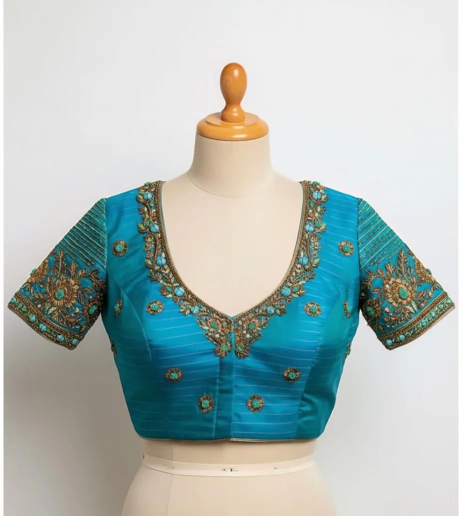 Rama Blue Designer Maggam Work Blouse Custom Sizes Royal Bridal Perfection