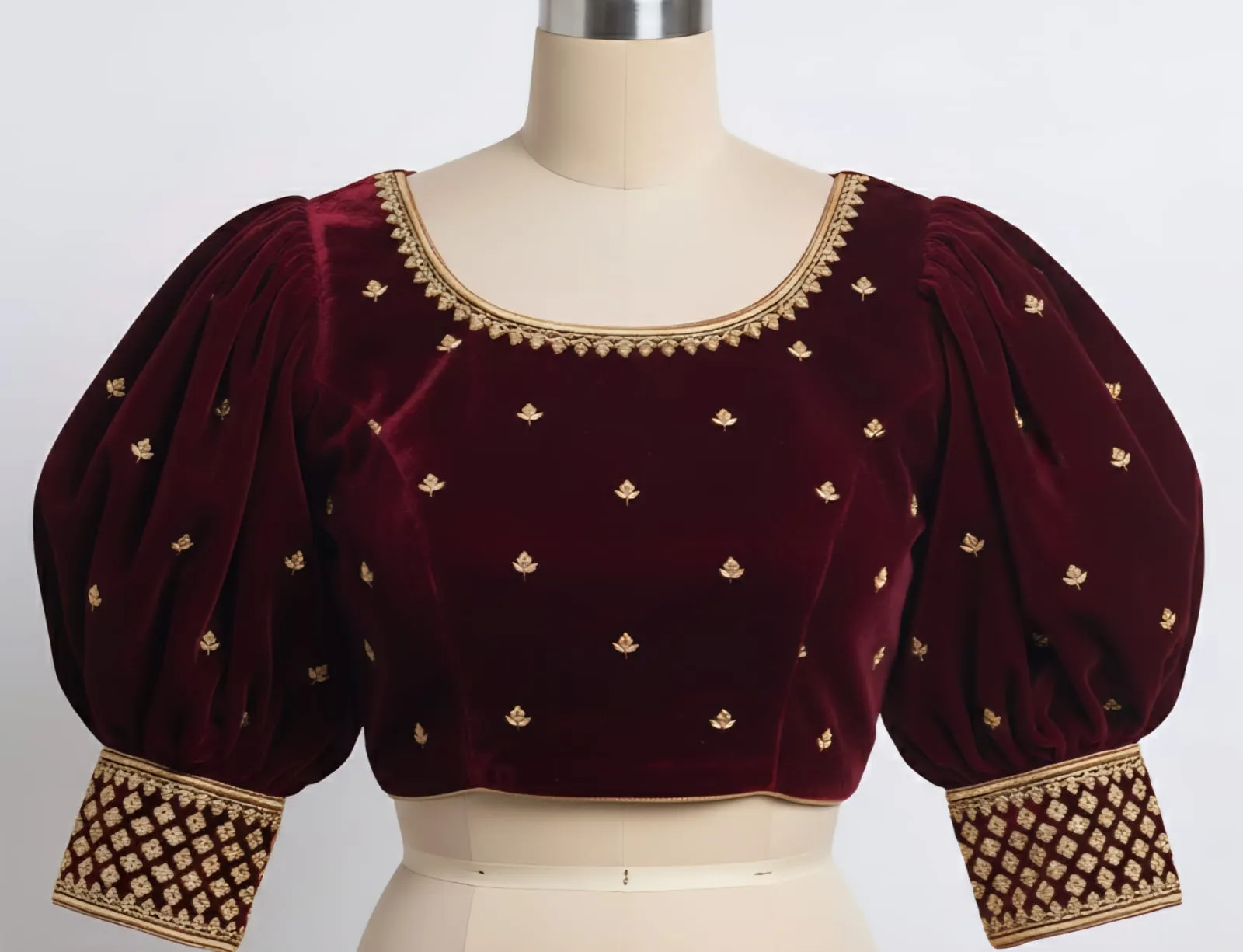 Rich Maroon Velvet Bridal Blouse  Puff Sleeve Elegance with Premium Maggam Detailing