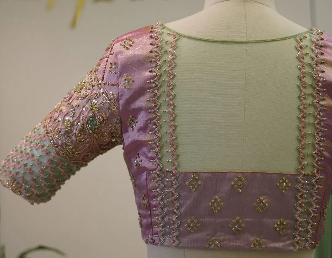 Royal Baby Pink Sheer Maggam Work Bridal Blouse  Boat Neck Perfection in Custom Sizes