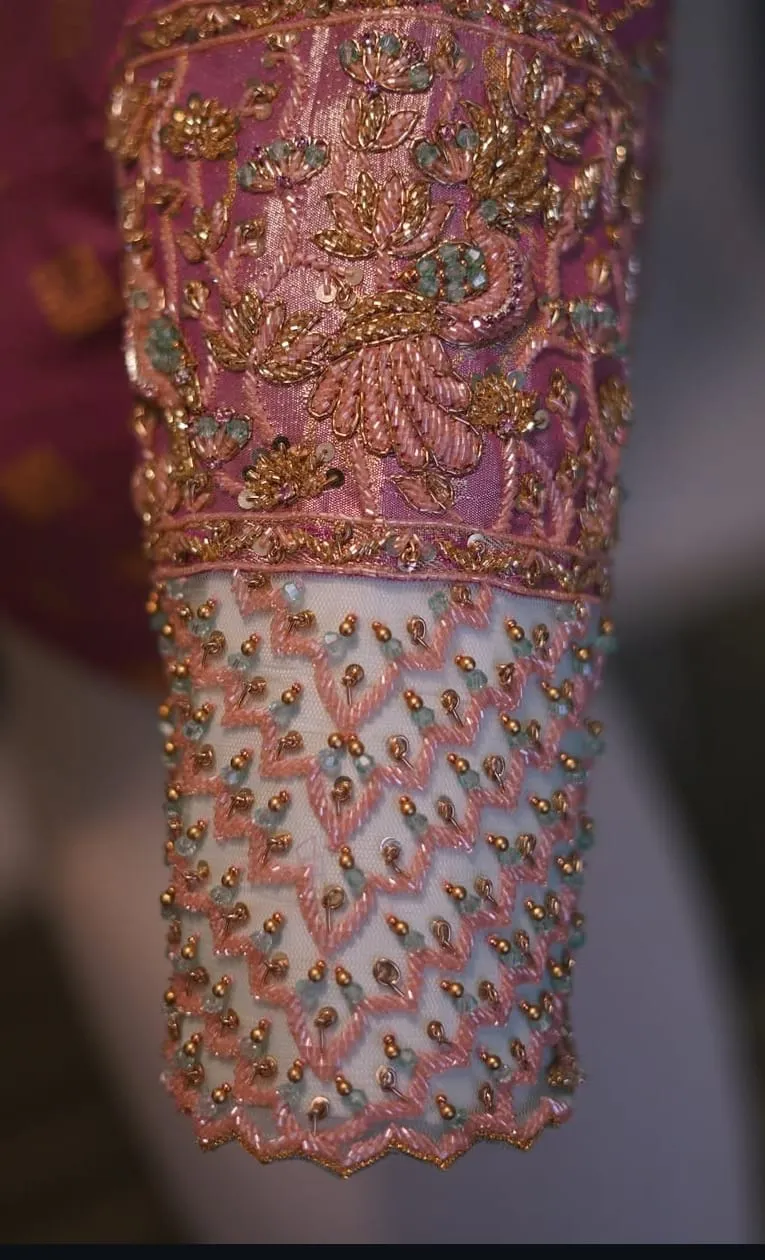 Royal Baby Pink Sheer Maggam Work Bridal Blouse Boat Neck Perfection in Custom Sizes - Image 3