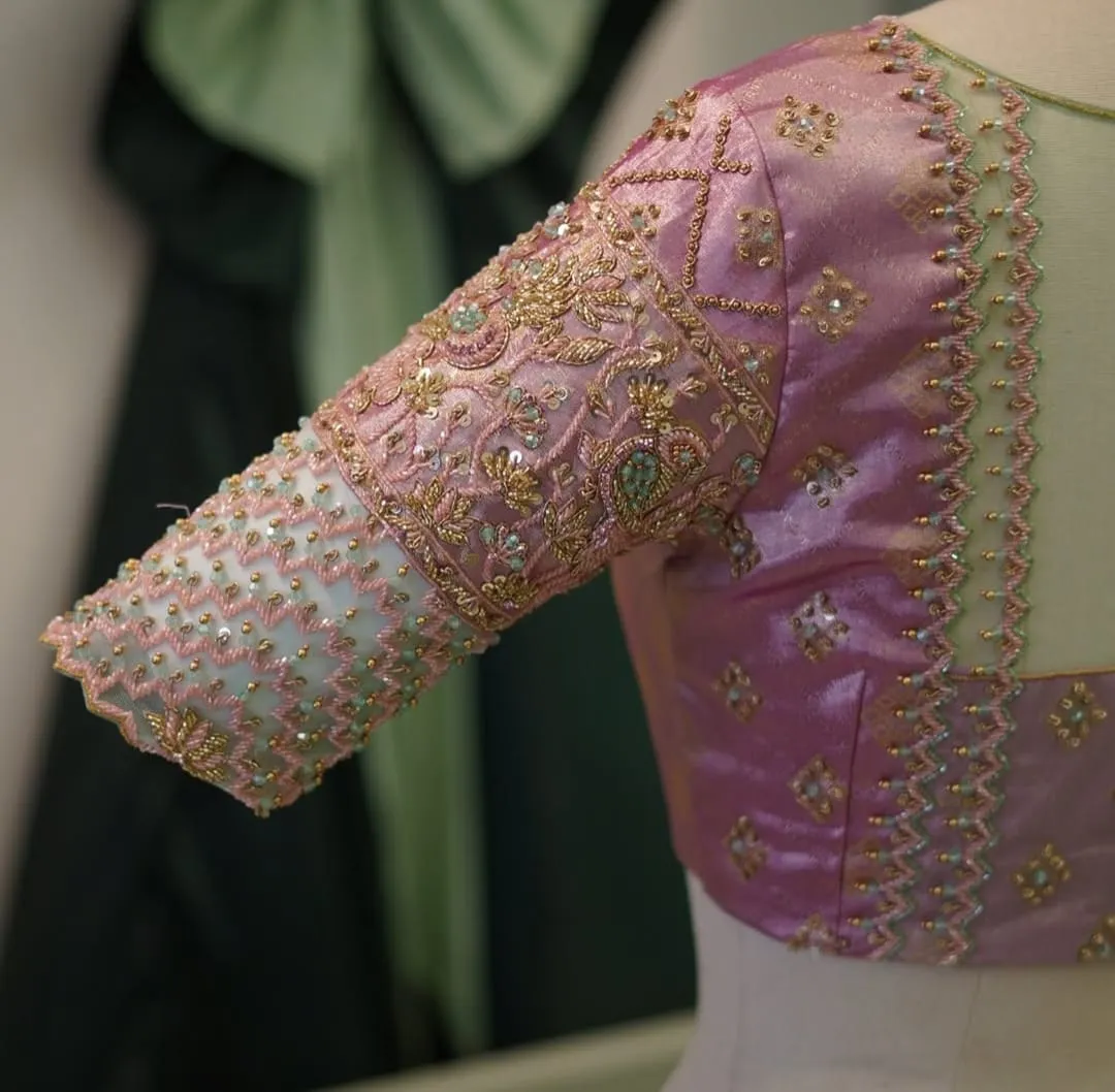 Royal Baby Pink Sheer Maggam Work Bridal Blouse Boat Neck Perfection in Custom Sizes - Image 4