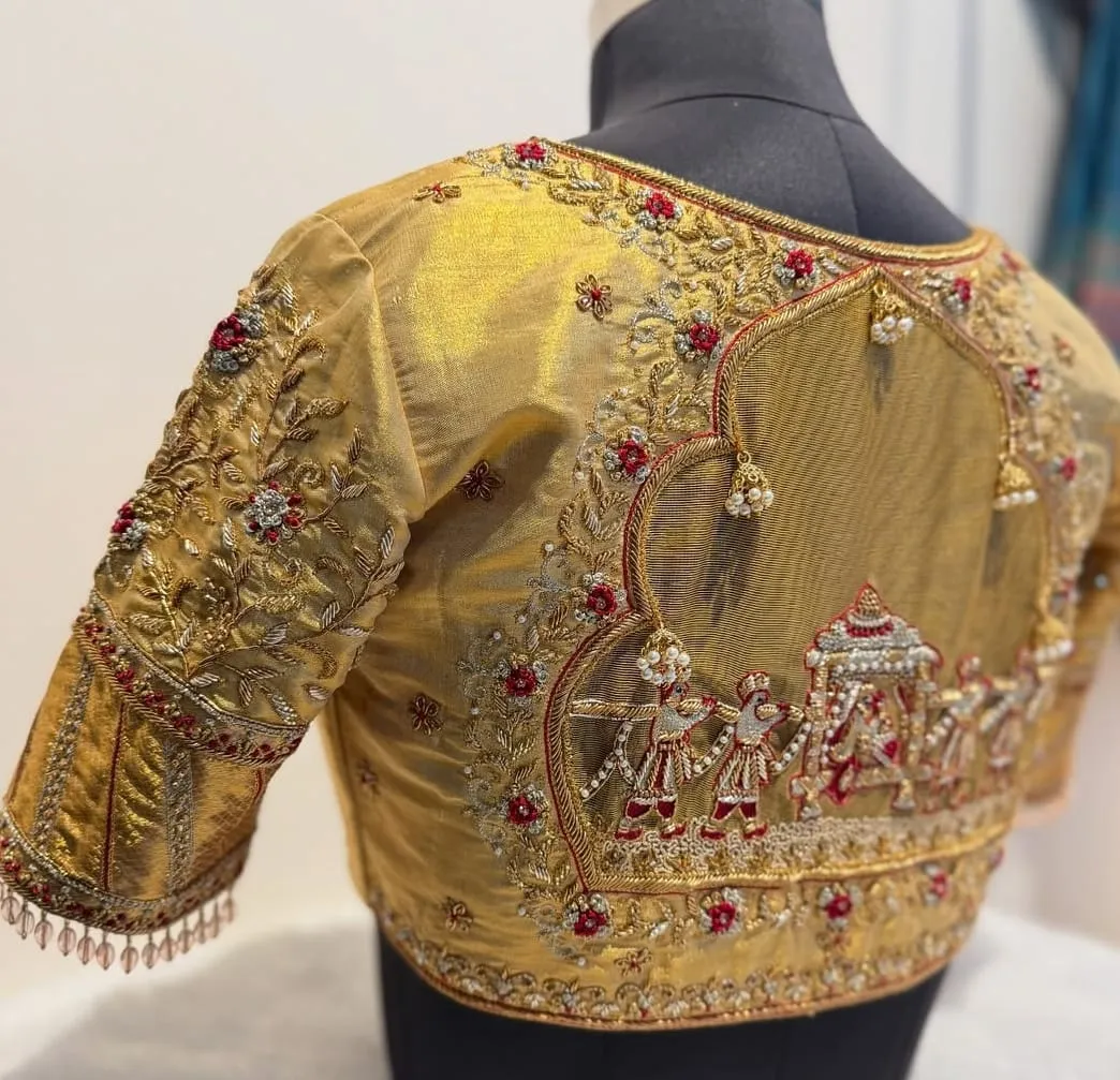 Royal Golden Palki Wedding Maggam Blouse  Elegant Bridal Perfection at Affordable Price