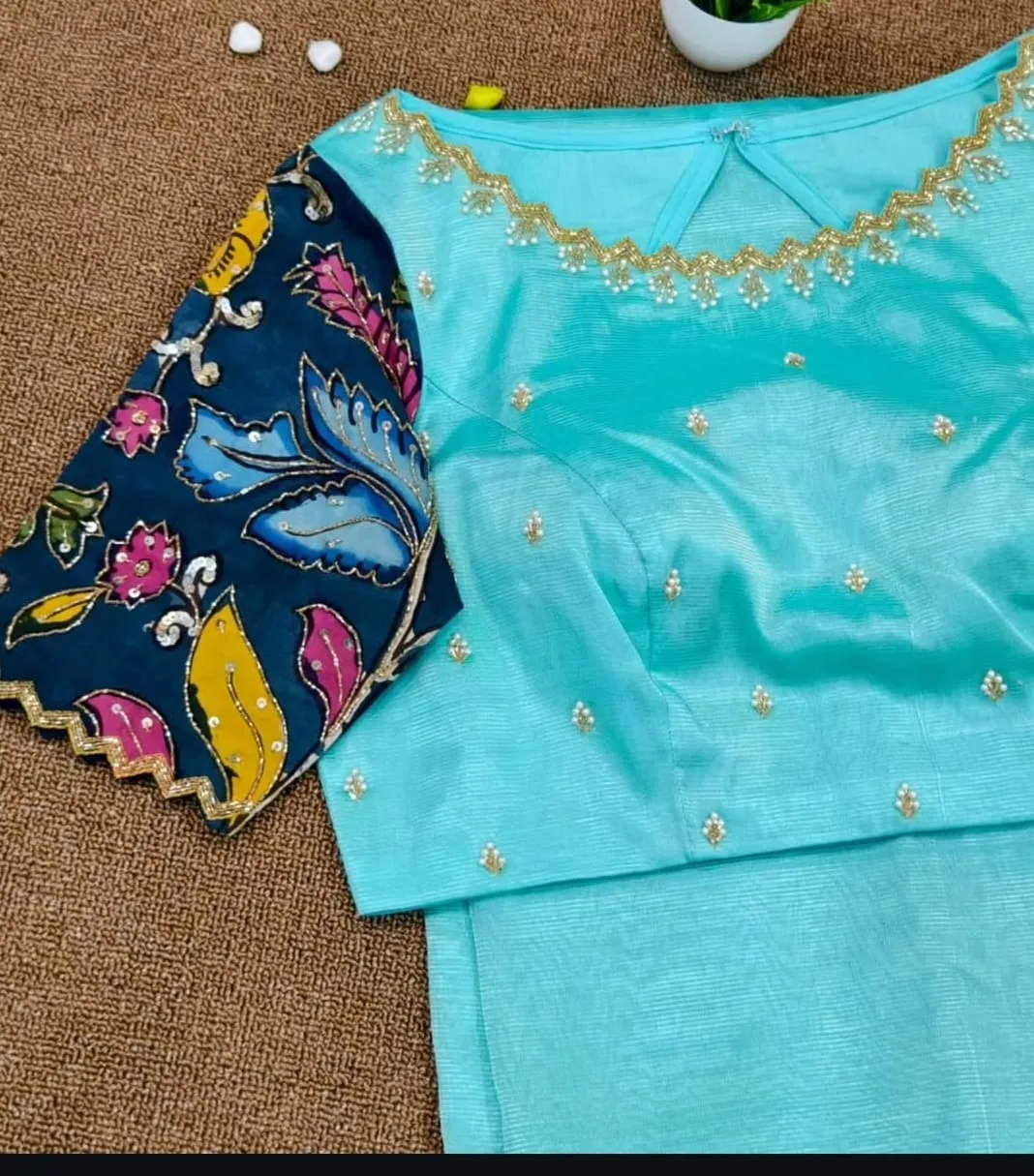 Sky Blue Kalamkari Maggam Work Blouse  Elegant Hand-Painted Zardosi Craft Shop Online