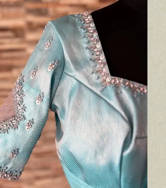 Sky Blue Pastel Blouse Under Budget Trending Maggam Design with a Classy Finish - Image 2