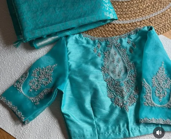 Sky Blue Silver Zardosi Kundan Maggam Work Blouse  Stunning Net Design at Budget Pricing
