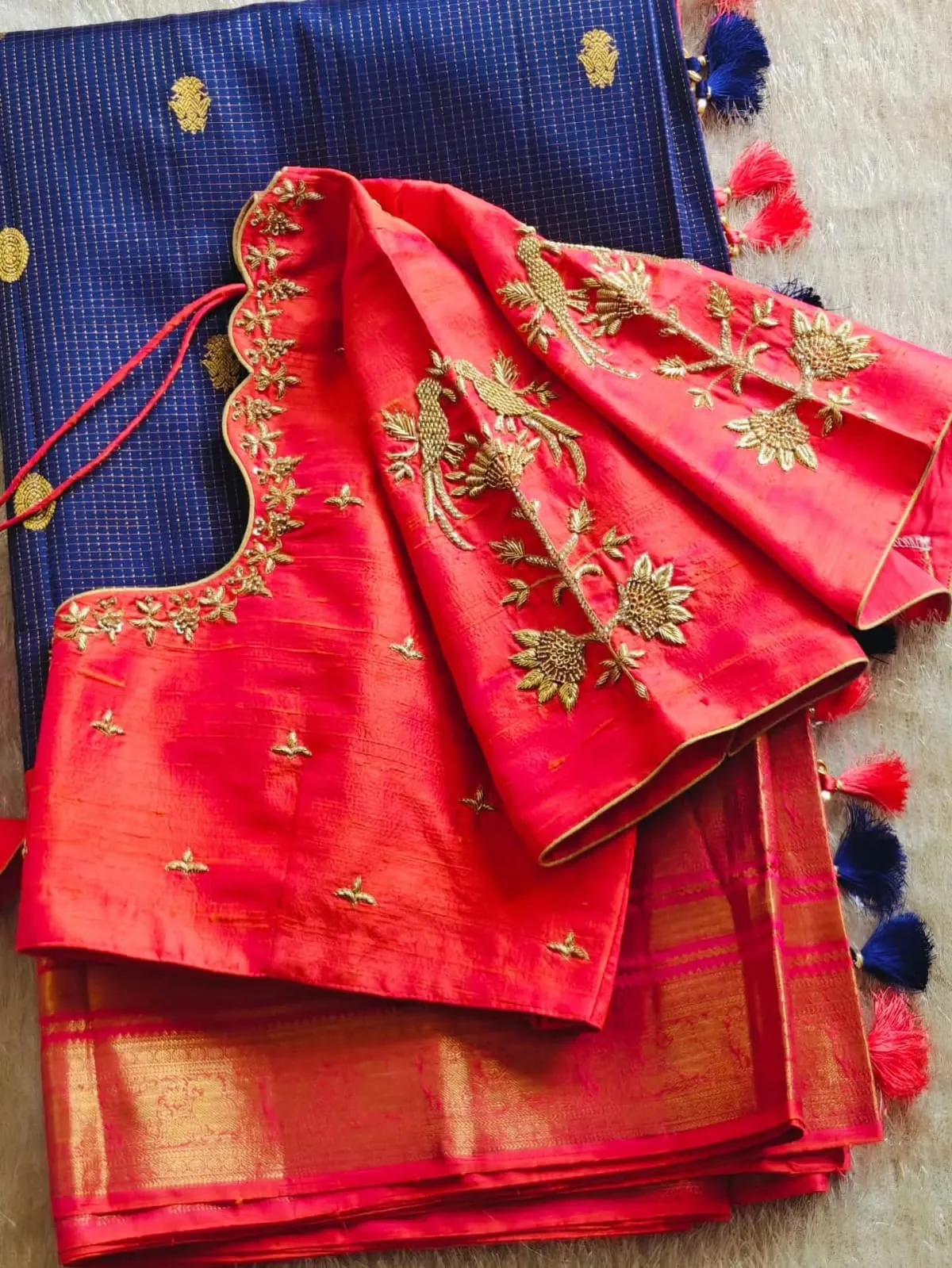 Trending Orange Bird Zardosi Cutwork Blouse  Designer Finish Budget Pricing