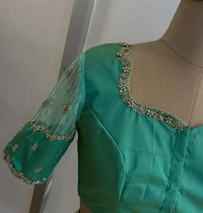 Turquoise Net Designer Maggam Work Blouse  Premium Craftsmanship in low price