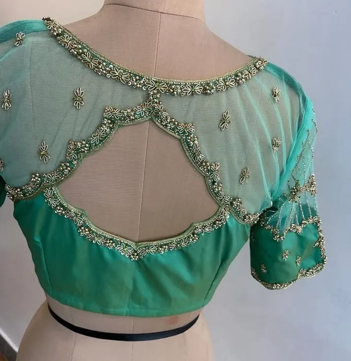 Turquoise Net Designer Maggam Work Blouse Premium Craftsmanship in low price - Image 2