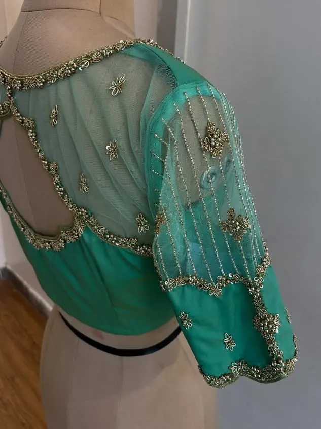 Turquoise Net Designer Maggam Work Blouse Premium Craftsmanship in low price - Image 3
