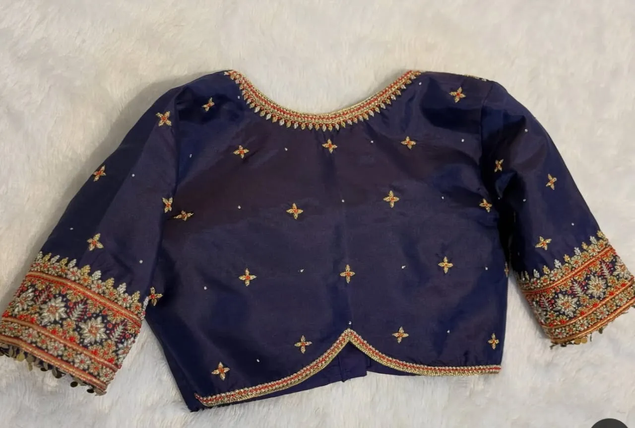 Viral Aliya Cut PatternRoyal Navy Blue High Neck Maggam Blouse