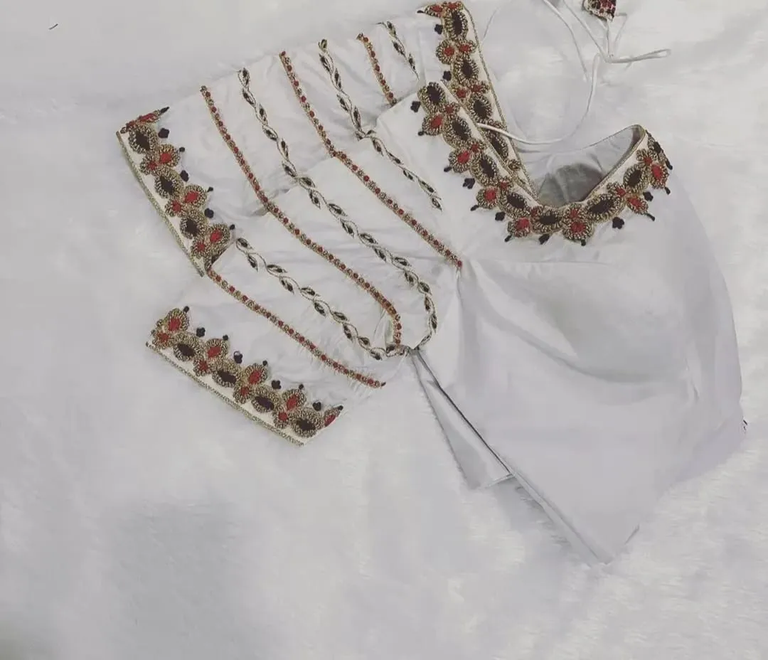 White Raw Silk Zardosi Work Blouse  Lightweight Minimal Design  Budget Wedding Edit