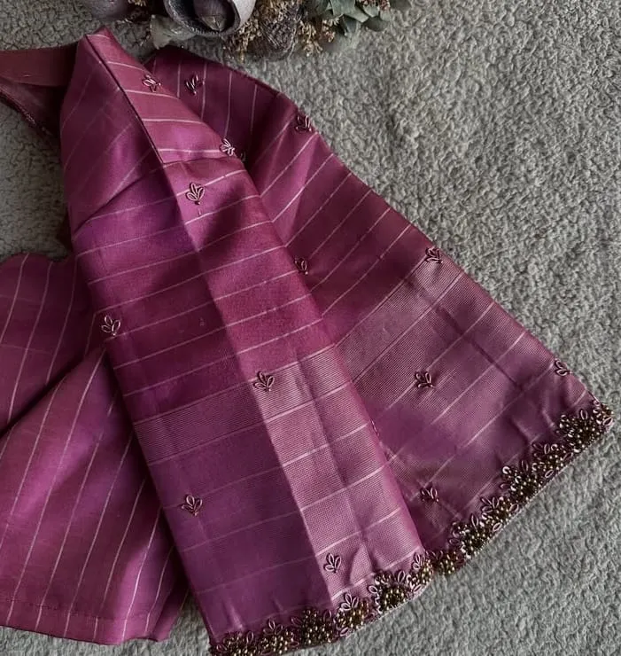 Affordable Onion Pink Blouse Simple Zardosi Maggam Work Design Under Budget Price - Image 3