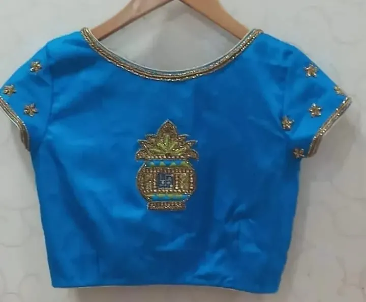 Blue Kalasham Boat Neck Maggam Work Blouse  Premium Handcrafted Bridal Ready Design