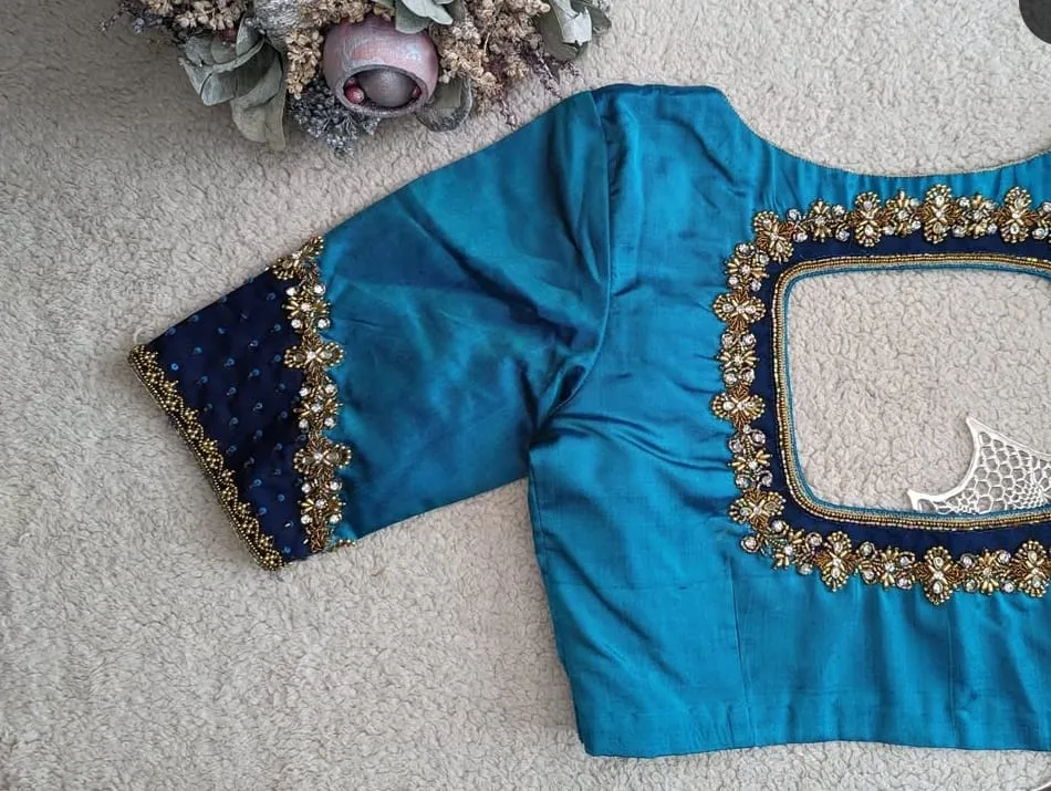Blue Net Bridal Maggam Work Blouse with Intricate Hand Embroidery