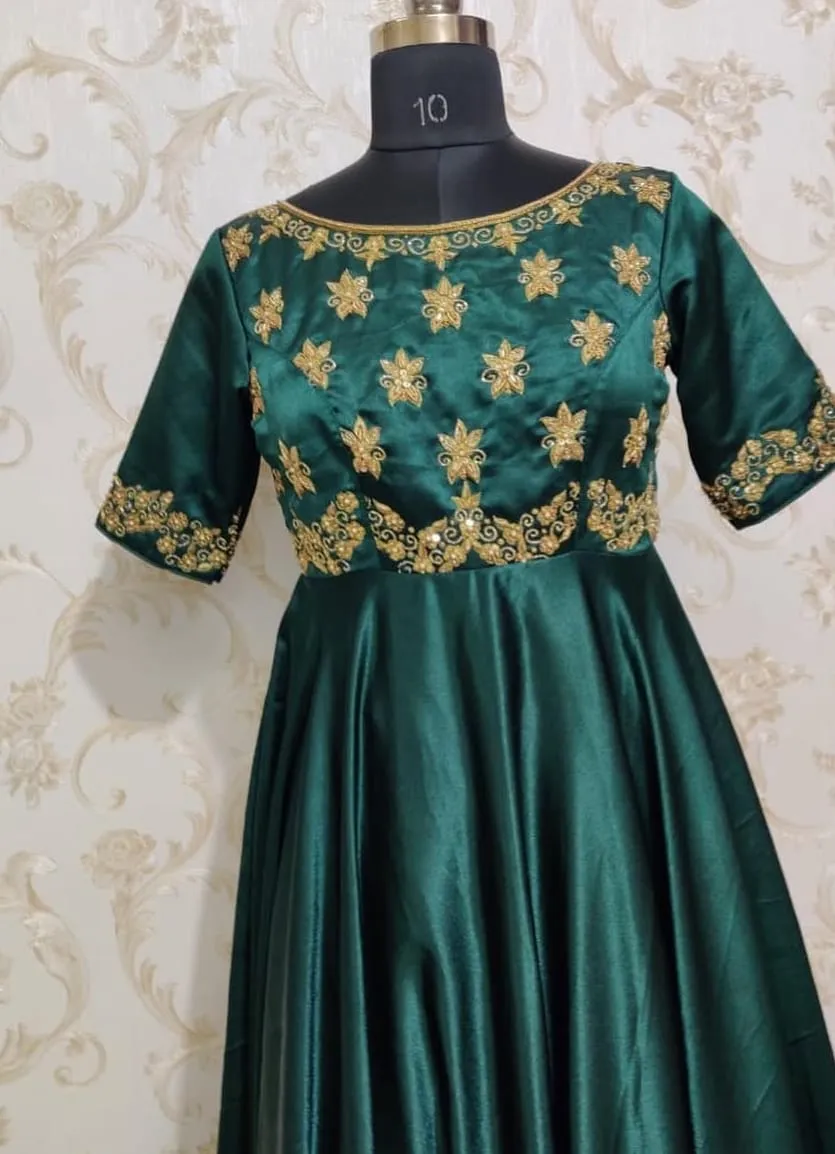 Bottle Green Designer Long Frock Gown with Maggam Aari Work  Customized Online