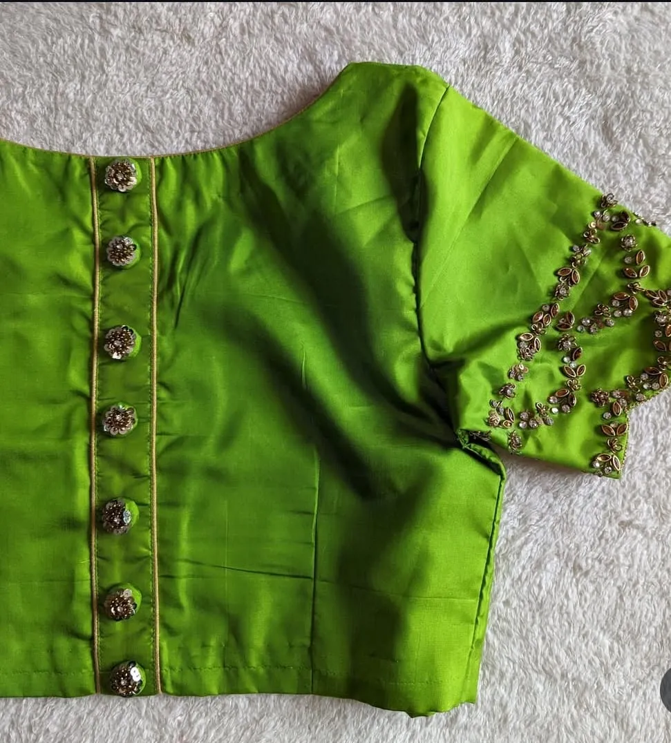 Buy Custom Green Kundan Maggam Aari Work Blouse High Neck Party Wear Designer