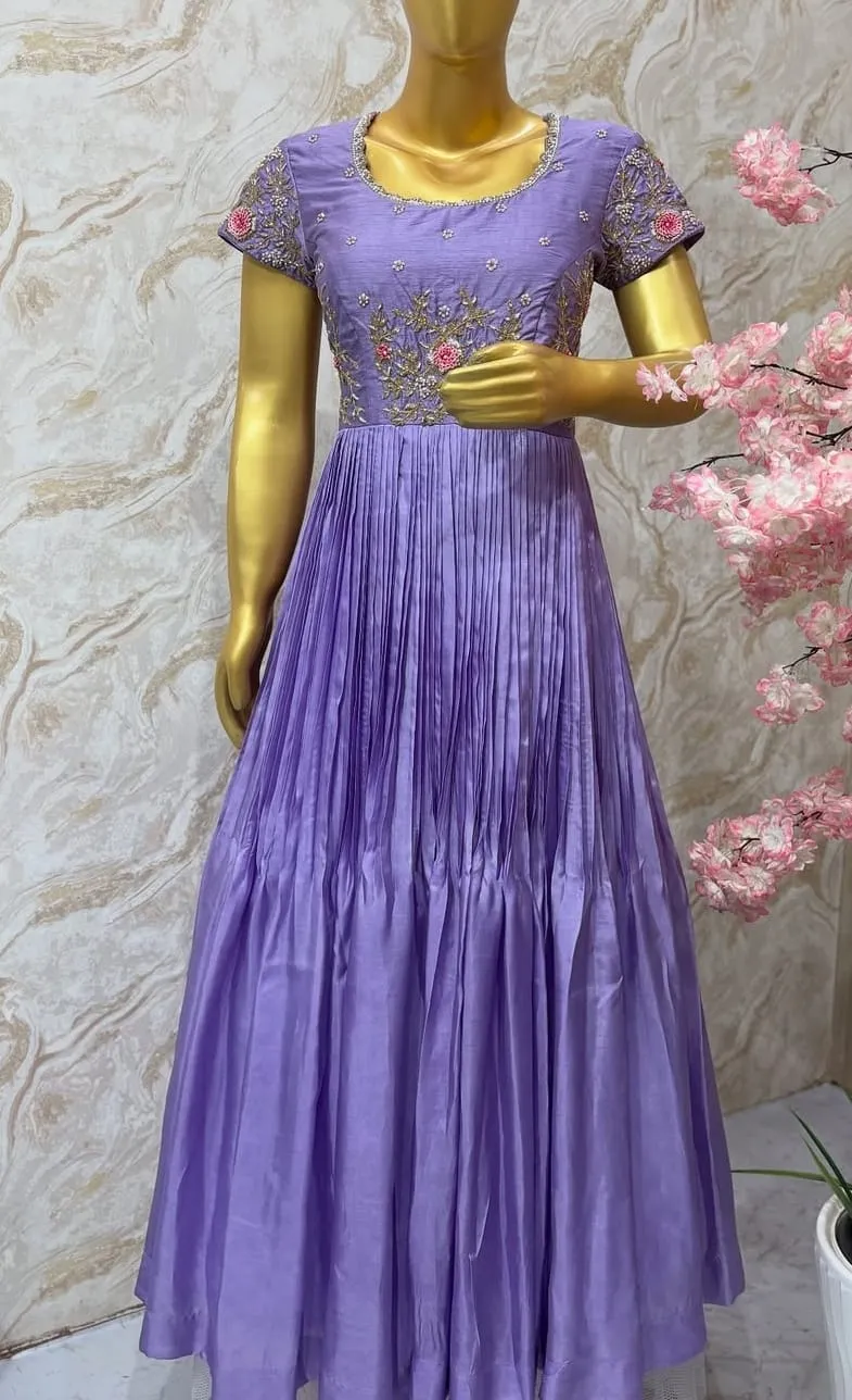 Buy Lilac Party Wear Long Frock Gown Customised Maggam Aari Work Dress Online