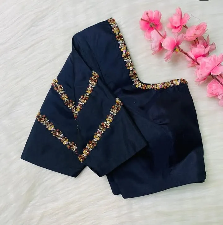 Buy Navy Blue Bridal Maggam Work Blouse Handcrafted Premium Design - Image 2
