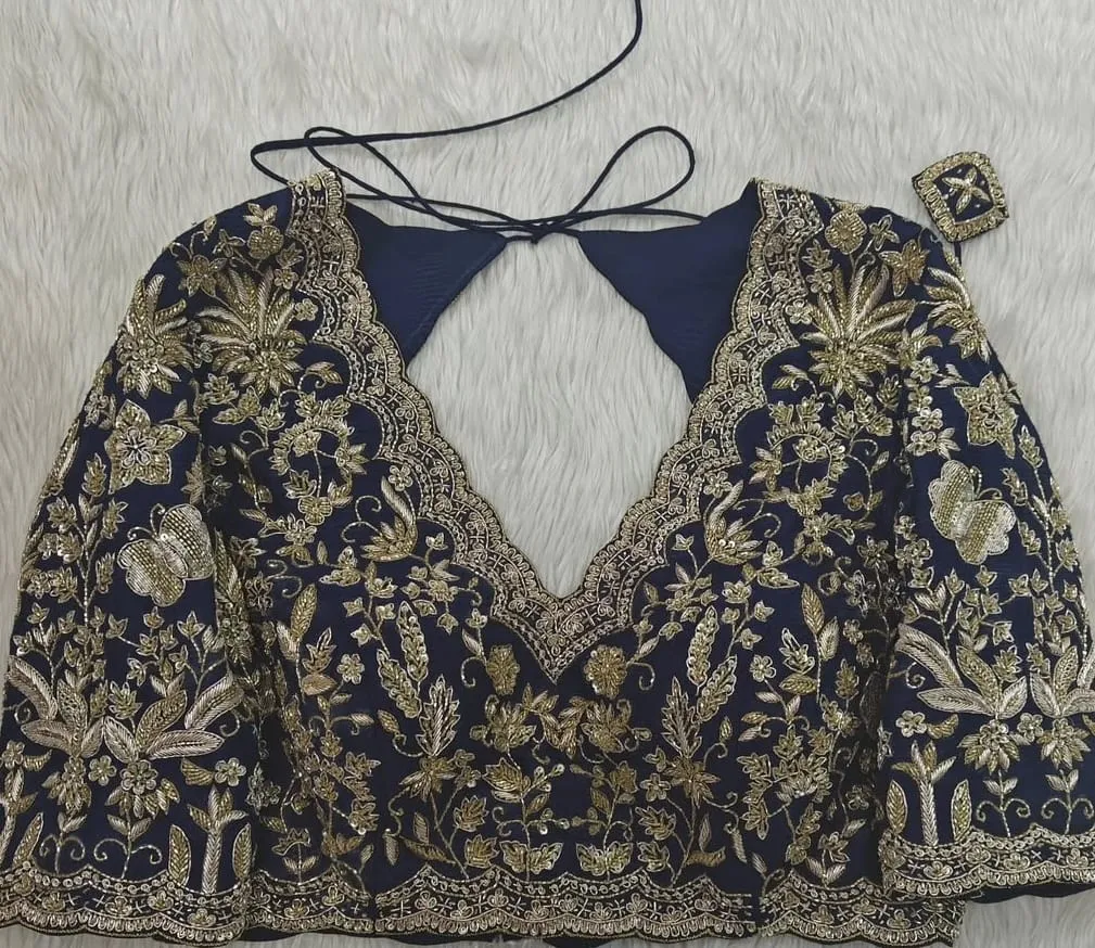 Buy Navy Blue Raw Silk Wedding Blouse  Budget Maggam Aari Design