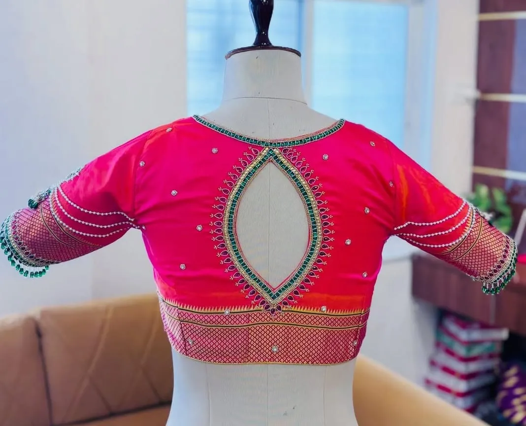 Buy Pink Kundan Party Wear Saree with Custom Maggam Aari Work Blouse  Designer Green  Red Accents