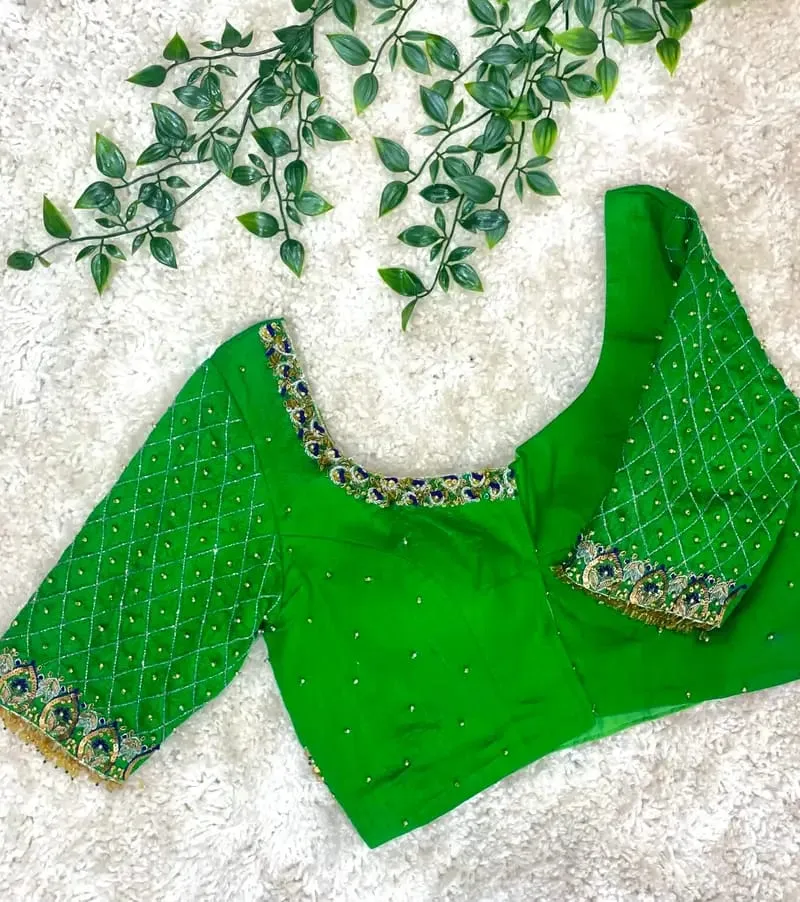 Classic Green Silk Maggam Work Blouse Bridal  Temple Wear